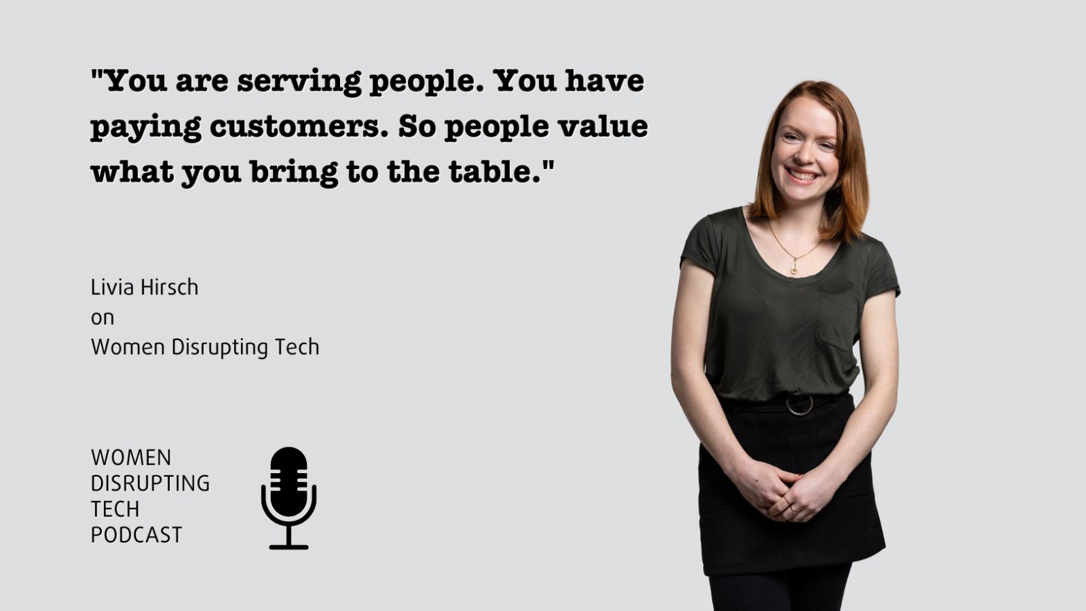 Picture of Livia Hirsch, linked to a podcast episode on the podcast Women Disrupting Tech that features an interview with her.