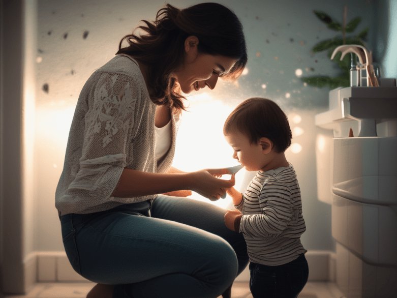 AI-generated image of a mother and her toddler doing potty training.