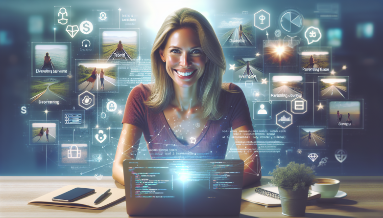 AI-generated picture of a woman sitting behind a laptop with pictures from her travel and screens of the apps she is building.