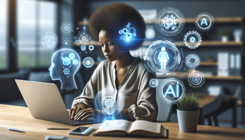 AI-generated picture of a woman looking at a laptop screen with various conceptual topics floating around her head.