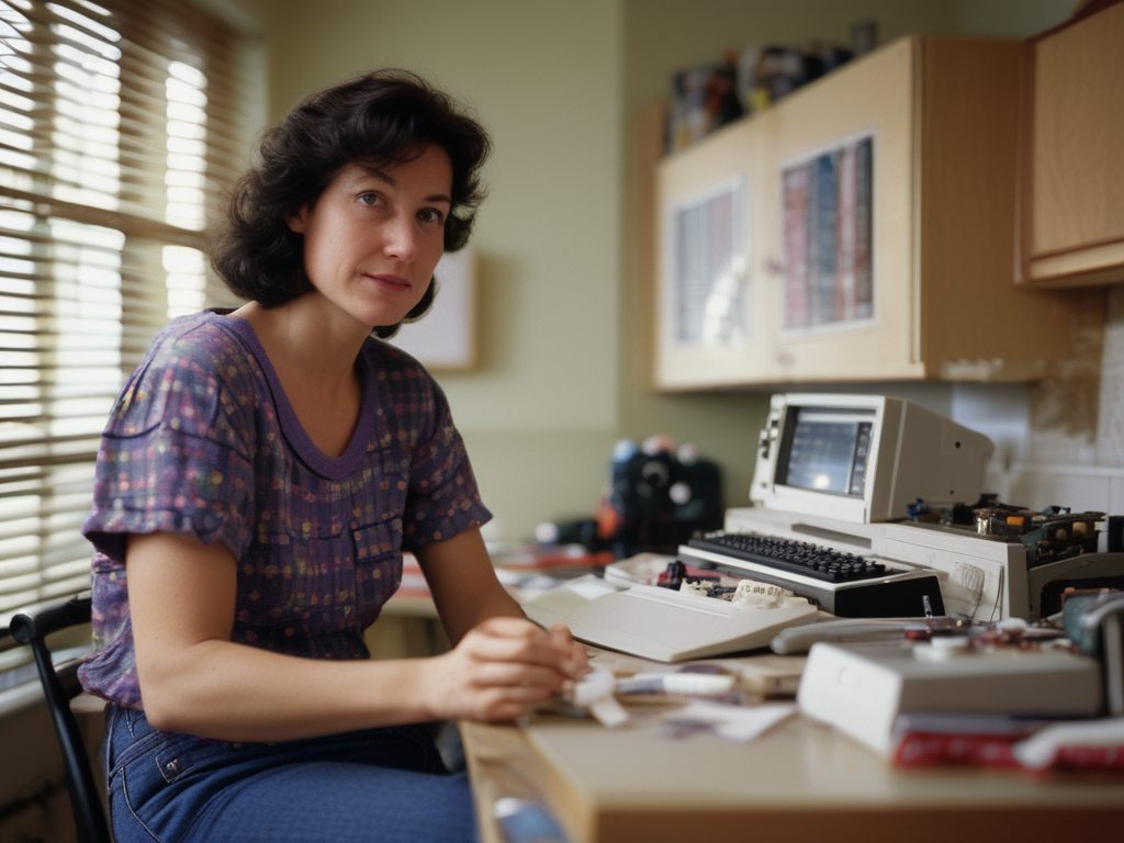 AI-generated image of Sandra Lerner while developing the first Cisco router.