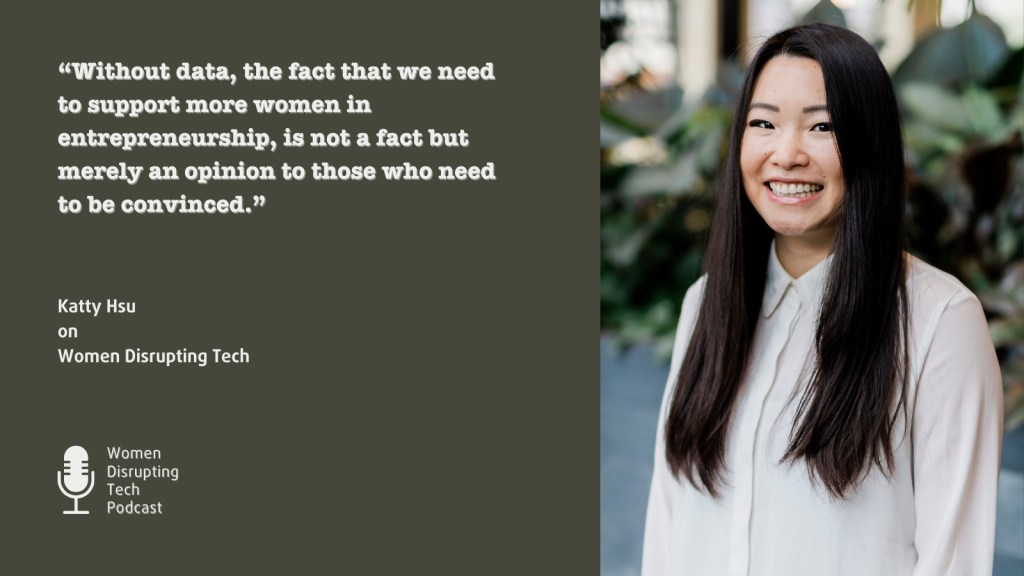 This is a picture of Katthy Hsu, co-founder and managing director of the SHELEADS+ Global Foundation, with a quote from episode 78 of Women Disrupting Tech which features an interview with her. The quote is "Without data, the fact that we need to support more women in entrepreneurship, is not a fact but merely an opinion to those who need to be convinced."