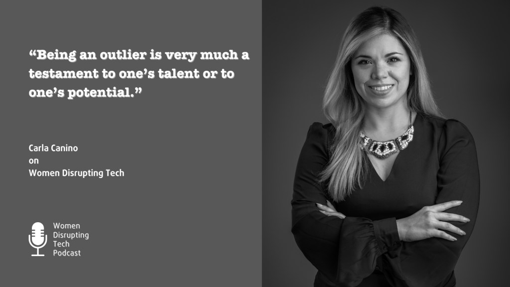 This is a picture of Carla Canino, founder of Kindlee, with a quote from episode 84 of Women Disrupting Tech.