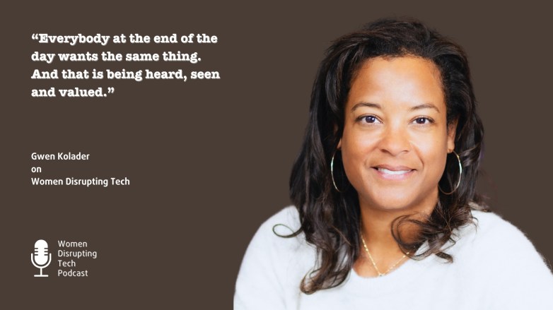 Picture of Gwen Kolader with a quote from episode 101 of Women Disrupting Tech, titled 'How to Use Cultural Intelligence as a Leadership Superpower', which features an interview with her.