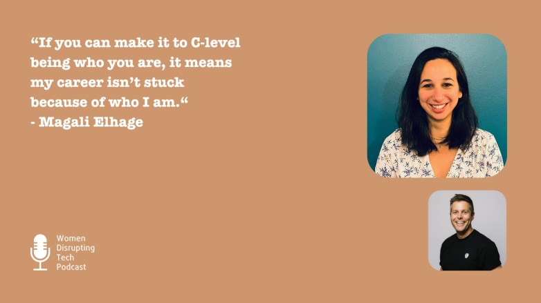 Pictures of Magali Elhage (top right) and Matthijs Welle (bottom right) with a quote from episode 125 of the podcast Women Disrupting Tech, titled 'How Mews Builds Inclusive Cultures in Hospitality'.