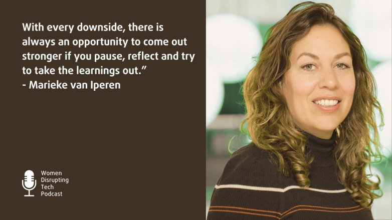 Picture of SheUnfolds co-founder Emily van Putten with a quote from episode 111 of the podcast Women Disrupting Tech which features an interview with her. Picture of Settly cofounder and CEO Marieke van Iperen with a quote episode 127 of the podcast Women Disrupting Tech titled ‘How to Use Relocation to Build Inclusive Teams’.