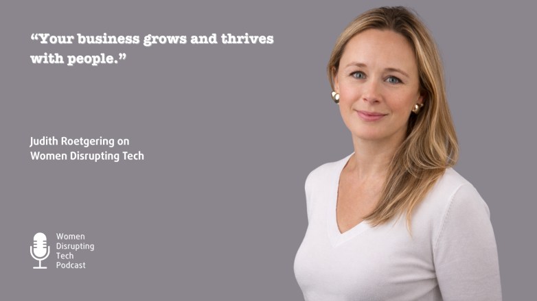 Picture of Judith Roetgering, Managing Director at Rehive People, with a quote from episode 137 of the podcast Women Disrupting Tech. The episode is titled 'The ROI of Relocation: Scaling Global Teams Without Attrition with Judith Roetgering.' The quote is "Your business grows and thrives with people."