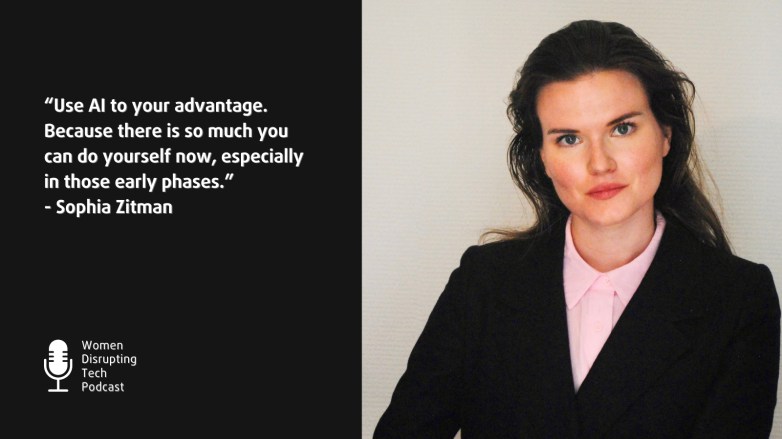 Picture of Sophia Zitman (right) with a quote from episode 136 of the podcast Women Disrupting Tech titled 'Why Your AI Implementation Fails and How to Fix It.' The quote is ‘’Use AI to your advantage. Because there is so much you can do yourself now, especially in those early phases.”