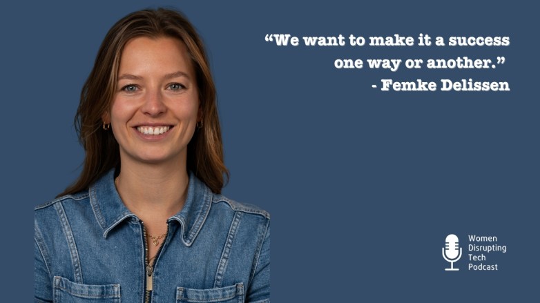 Picture of PAVA co-founder Femke Delissen with a quote from episode 150 of the podcast Women Disrupting Tech, titled ‘How a Female Founder Builds Privacy-First Tech for an Aging Population’. The quote says, “We want to make it a success, one way or another”