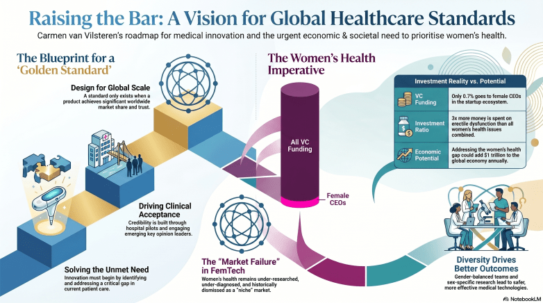 AI-generated infographic about episode 151 of the podcast Women Disrupting Tech, titled ‘Building The Next Seven Gold Standards in Women’s Health with Carmen van Vilsteren.’ 